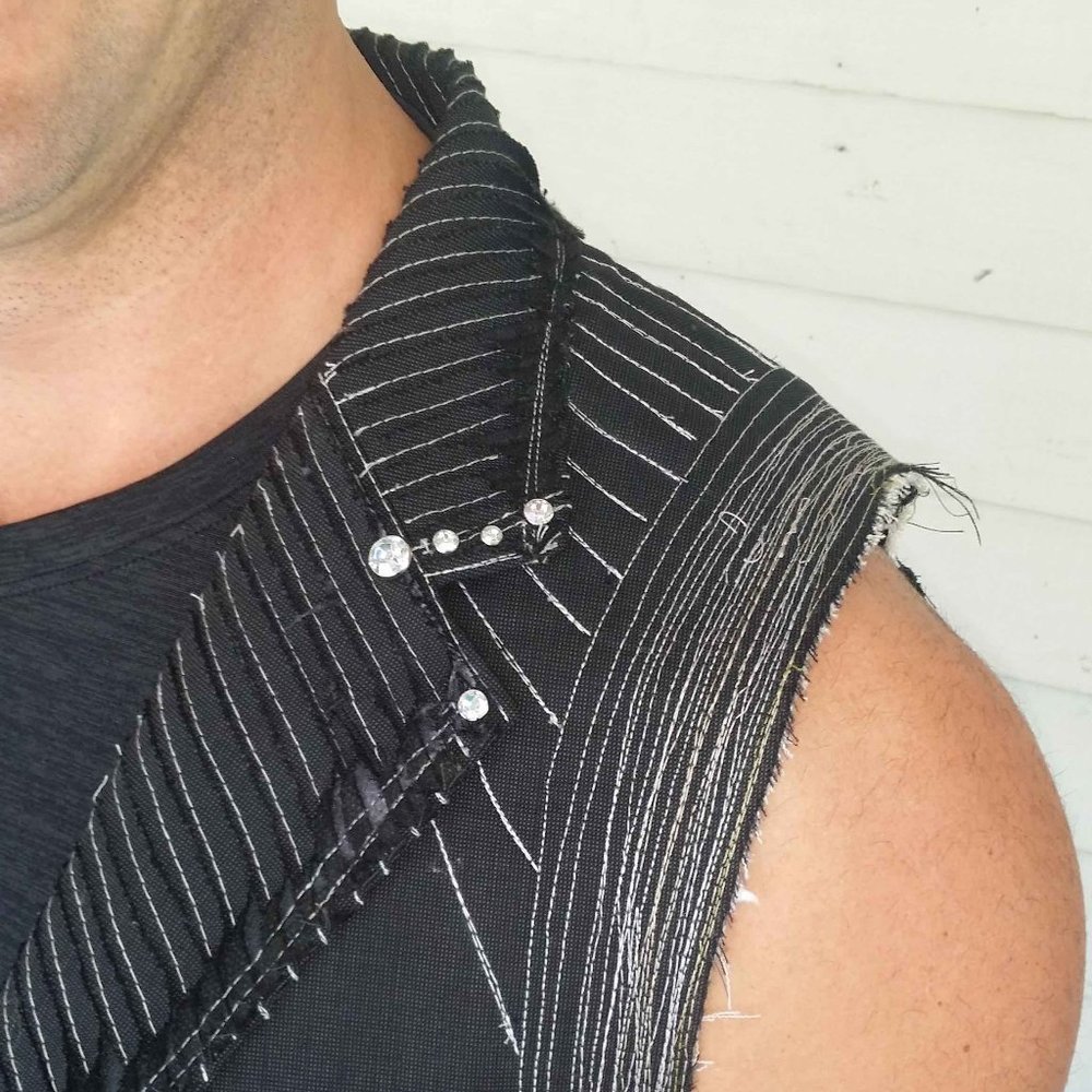 XANADU DESIGNS Black Panther Inspired, Upcycled mens suit coat, made into vest. - Picture 10 of 14